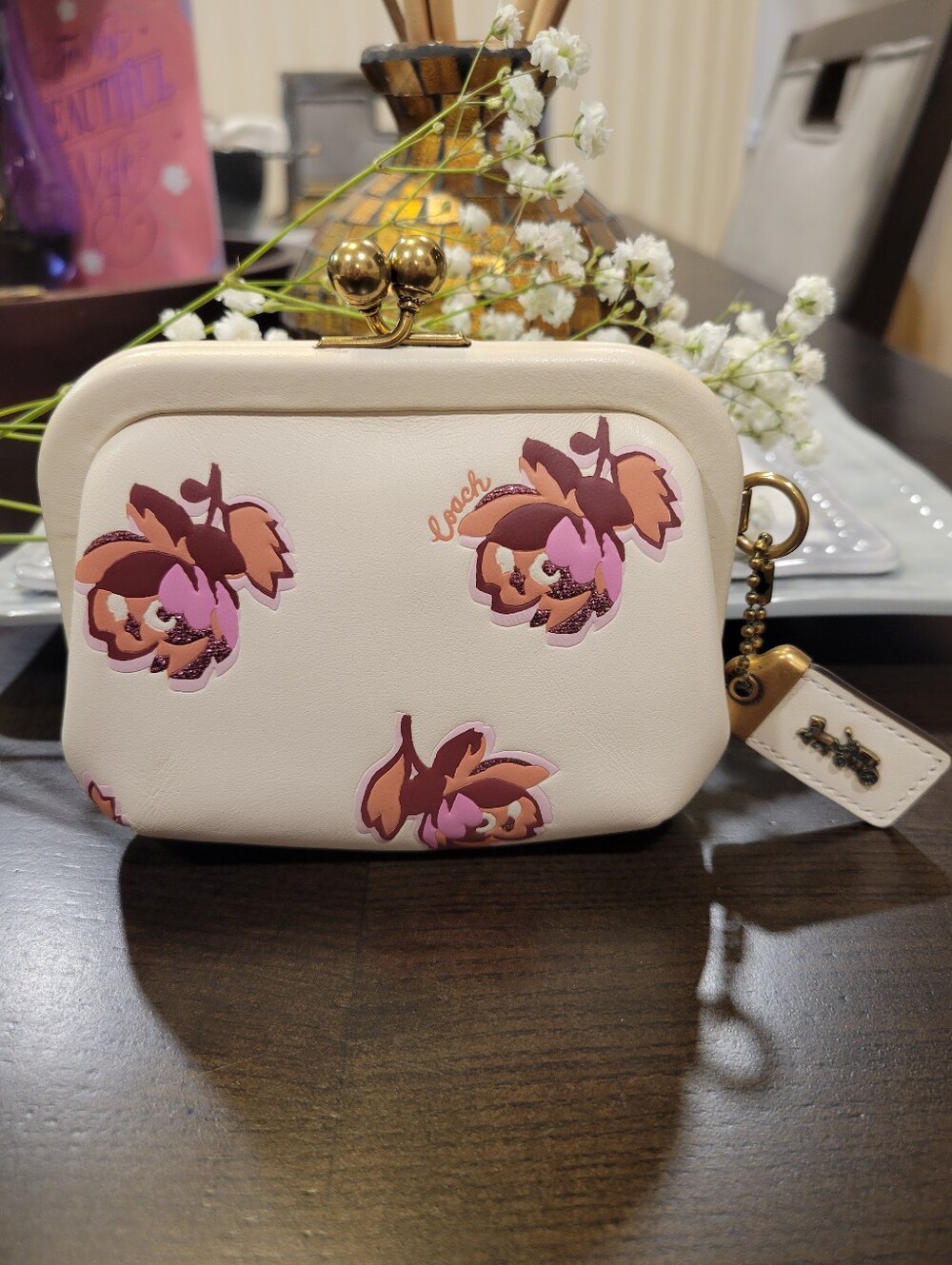 Coach Cream Floral Kisslock Coin Pouch with Pink & Brown Accents